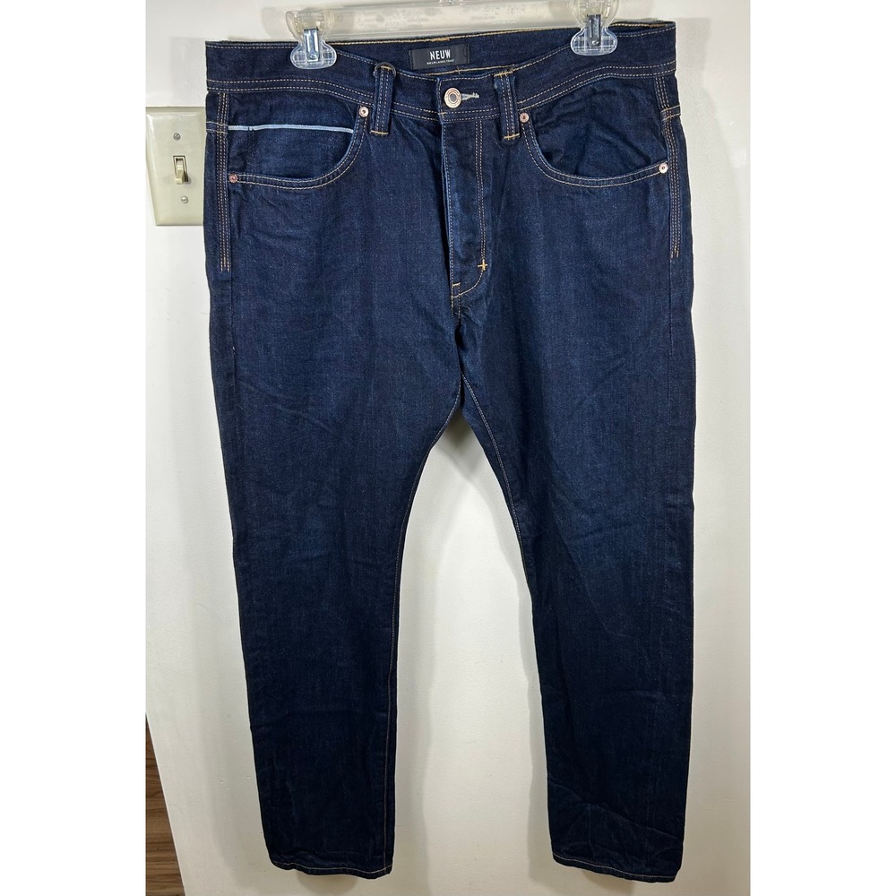 NEUW Lou Slim Jeans Mens 34x32 Dark Indigo Blue Raw Denim Button Fly Streetwear